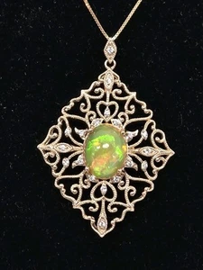 14K Solid Rose Gold Ethiopian Opal & Diamond 18" Pendant Necklace - Picture 1 of 9