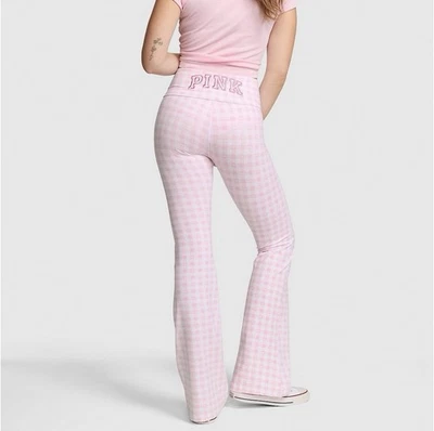 VS PINK x LoveShackFancy Cotton Foldover Flare Leggings ICON GINGHAM SIZES XS-XL - Image 1 of 4