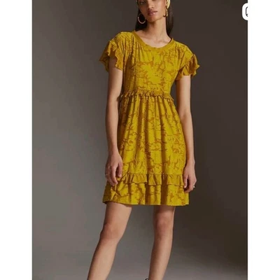 Anthropologie Dress 2X Yellow Floral Ruffle Short Sleeve Tie Back Boho Chic - Image 1 of 4