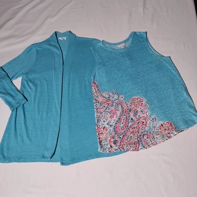 J.Jill льняной вязаный бак и L/S верхняя пара (2) остров синий Delany пейсли - несовершенный - Изображение 1 из 4