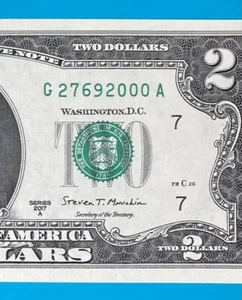 TRAILING YEAR 2000 : G 2769 2000 A $2 Two Dollar Bill Serial Number 2017A *UNC* - Picture 1 of 3