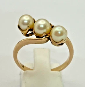 Gorgeous!!! 14K Solid Yellow Gold Triple 3 Pearl Ladies Ring 14ct 585 Size S / 9 - Picture 1 of 8