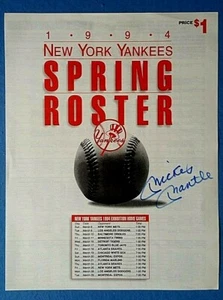 MICKEY MANTLE PERSONALLY SIGNED 1994 New York Yankees Spring Roster COA - Picture 1 of 3