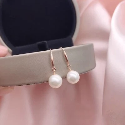 Brincos femininos pendurados de ouro rosa 18K puro presente sorte 7,5-8 mm contas de pérola - Imagem 1 de 4