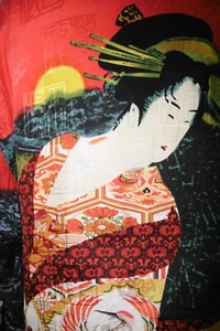 Camisa Chicos Abotonada Top Chaqueta 100% Seda Asiática Japonesa Geisha y Pájaros Med - Imagen 1 de 6