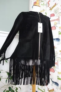 BNWT 7 FOR ALL MANKIND Sample Black fringed 100% Leather jacket size S - Picture 1 of 12