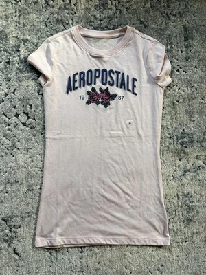Aeropostale Pink T Shirt Classic Crew Rose Graphic Women XS Fitted Short Sleeve  - Image 1 of 2