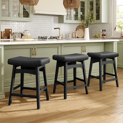 3 x Saddle Bar Stools Kitchen Counter Height Dining Pub Chairs w/ Solid Wood Leg - Image 1 of 2
