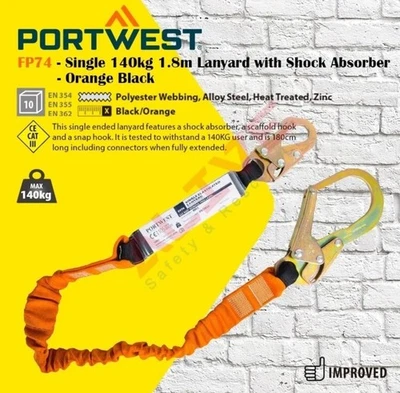 Portwest FP74 Single 140kg 1.8m Lanyard with Shock Absorber Scaffold Snap Hook - Image 1 of 4