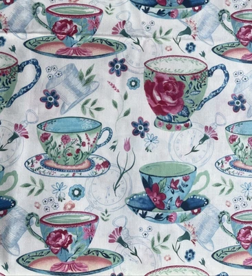 2 yd cut - Floral Teacups Mad Hatter Hats Clocks - Hobby Lobby Cotton Fabric - Image 1 of 4