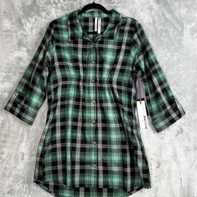 O'Neil рубашка платье женщин XL на пуговицах клетку туника рулон вкладка рукав бирюзовый черный - Изображение 1 из 4