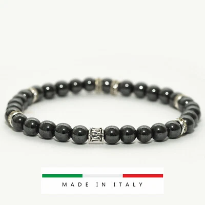 Bracciale da uomo donna grigio ematite 6mm distanziatori tribale strass argento  - Immagine 1 di 4