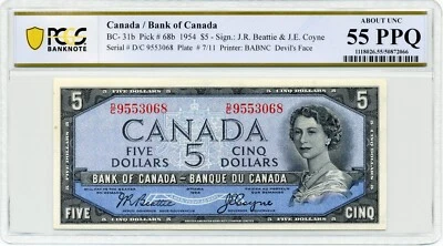 1954 $5 DEVIL'S NOTE - Bank of Canada, BC-31b - PCGS About UNC 55 PPQ - Image 1 of 2