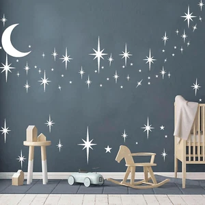 Stars and Moon Wall Decal Star Decals for Walls Nursery Wall Decal White Stick o - Picture 1 of 12