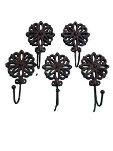 Cast Iron Flower Wall Towel Hook 6"Length Lot Of 5 Rubbed Bronze 3.5" Wide