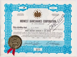 Certificado de acciones de Midwest Bancshares Corporation St. Louis Missouri - Imagen 1 de 1