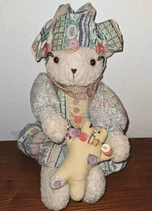 Vintage Style Bear in Floral Dress, 16 in Seated With Toy  - Picture 1 of 3