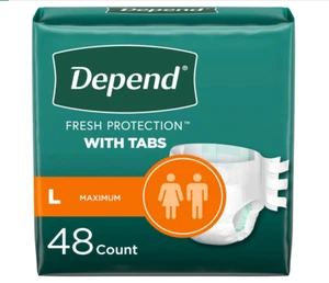 Depend Incontinence Protection w Tabs, Unisex, Large, Max Absorbency, 48 Count - Picture 1 of 11