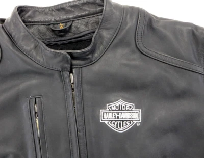 Mujer Harley Davidson Chaqueta L Negro Naranja Cuero Cálido Bolsillos Forro Cremallera Barra Foto 1 de 4