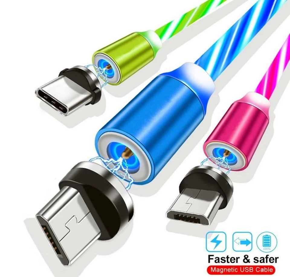 Cargador USB con iluminación LED de IMÁN FLOW CANDY para TODOS LOS teléfonos/dispositivos USB MICRO-B Foto 1 de 4