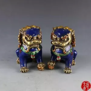 Vecchia coppia statue cinesi Fengshui bronzo Cloisonne Guardion Foo Fu cane leone bestia - Foto 1 di 5