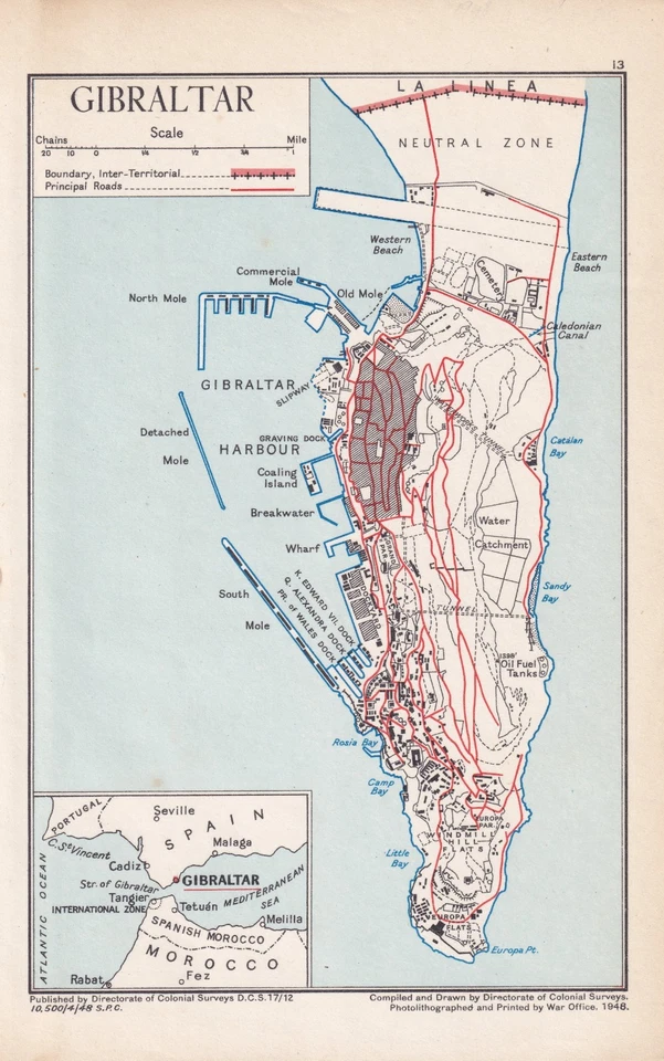 MAP PLATE 13 „GIBRALTAR“ 21,5 cm x 13,5 cm, Photolithographed and Pronted by War - Image 1 of 1