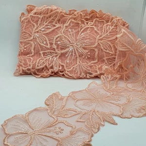 14cm wide Peach embroidered flower lace bridal wedding dress trim net - Picture 1 of 1