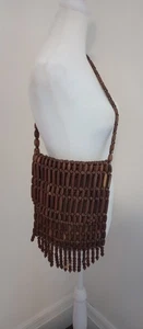 Vth 1970's Wooden Bead Handbag Purse Groovy Festival Boho Hippy Fringe - Picture 1 of 11