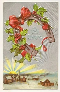 Merry Christmas scenic at sunrise Holly horseshoe 291 Christmas Postcard - Picture 1 of 1