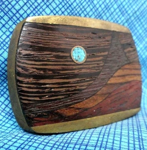 Exotic Wood Stone Brass Inlay Landscape Art Dress Belt Buckle Vtg 70's DS.DBD473 - Imagen 1 de 9