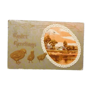 EASTER GREETINGS CHICKS AND COUNTRY SCENE POSTMARKED 1911 EMBOSSED - Picture 1 of 2