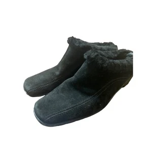 Aquatalia Black Suede Faux Fur Mules Shoes Block Heel Wedge Size 6.5 - Picture 1 of 5