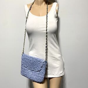 Magid Crossbody Bag Straw Powder Baby Blue Scalloped Crochet Gold Chain Strap