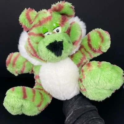 Green Tiger Hand Puppet Plush Full Body Shaggy Cartoon Eyes Maroon Stripes - Image 1 of 4