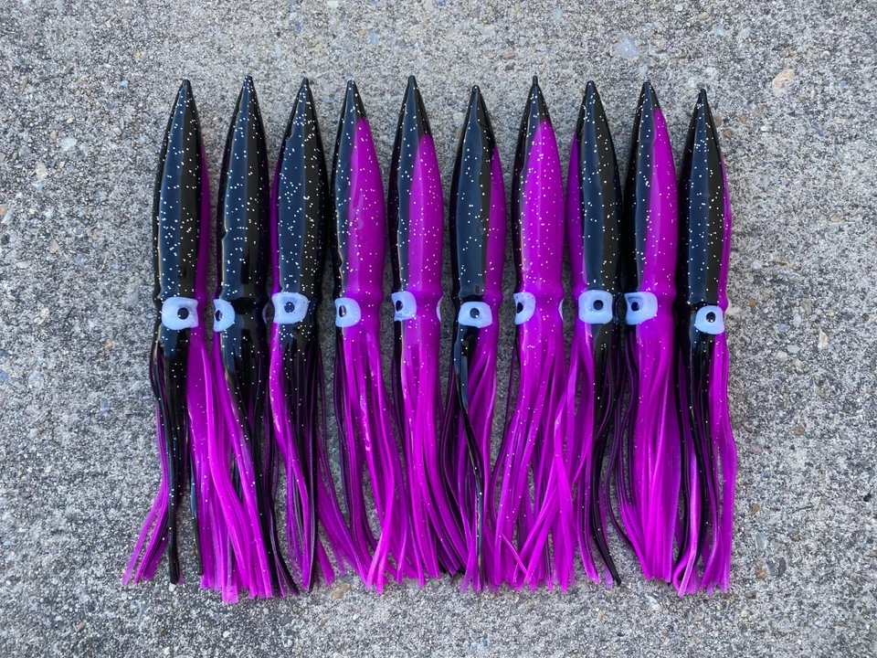 LOT OF 10 SHELL BULB SQUID 6" TACKLEWORKS GREAT FOR DAISY CHAINS - BLACK/PURPLE