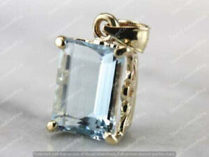 3 Ct Emerald Cut Simulated Aquamarine Four Prong Pendant 925 Silver Gold Plated.
