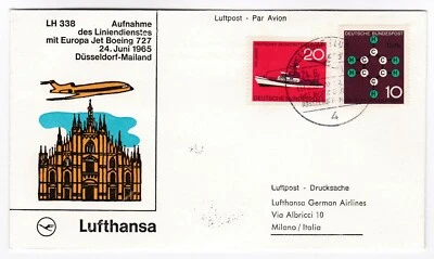 Lufthansa Dusseldorf  Milan 1965 first flight cover Italy Boeing 727 aviation FF - Image 1 of 4