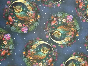 Owl night garden fabric UK fat quarter 56cm x 50cm 100% cotton material birds - Picture 1 of 2