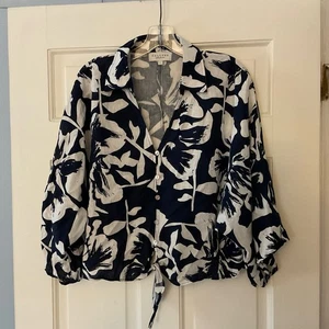 CALYPSO ST. BARTH Leinen Bluse Hemd mit Knopfleiste Blumen zum Binden Oversized Coastal Gr. L - Bild 1 von 8
