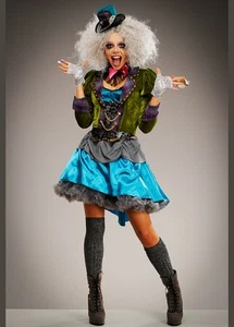 Womens Halloween The Mad Hatter Gothic Adult Fancy Dress Dark Fairytale Costume - Picture 1 of 6
