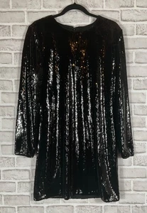 Banana Republic Dress Womens Sz Large Black Sequin Shift Lined Zip Long Sleeves - Picture 1 of 6