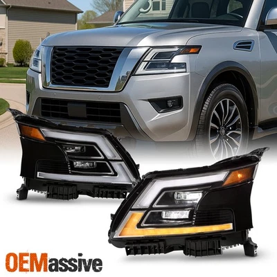 Par de faros LED negros completos para Nissan Armada 2021-2024 con intermitente de tubo DRL Foto 1 de 4