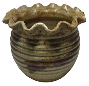 Shake Rag Alley Ton Vase beige braun gesprenkelt Rüschenrand Erdton signiert 1976 - Bild 1 von 9