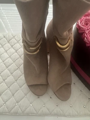 JIMMY CHOO Mysen 100 Open Toe Suede Boots Beige Tan Size EU 40 - Image 1 of 4