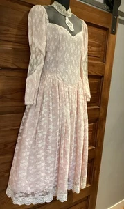 Vintage Scott McClintock Pink Lace Long Sleeve Dress W/full Skirt - Picture 1 of 24