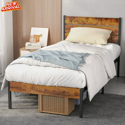 Marco De Cama Base Tamanho Duplo Plataforma Metal Cabecera De Madera Cafe Habitacion - Imagem 1 de 4