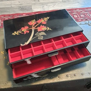 Vintage Bembo Okinawa Black Lacquer Red Floral W Drawer Jewelry Box Red Liner - Picture 1 of 10