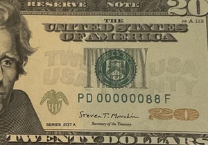 2017 A $20 LOW 2 DIGIT SERIAL NUMBER (( 000000 88)) US paper money uncirculate - Picture 1 of 3