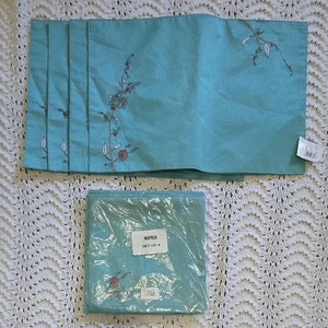 LENOX Simply Fine Chirp Embroidered Placemats and Napkins Aqua Set of 8 NEW - Picture 1 of 20