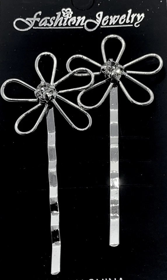 Open Flower Bobbie Pins Rhinestone Silver Plated 1 Pair Bridal Hair Accessory - Image 1 of 4